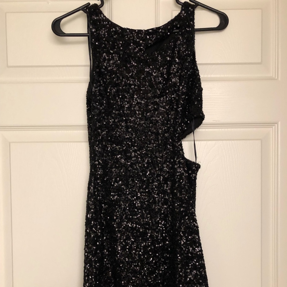 Strapless black sequin mini dress